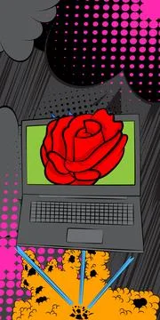 Cartoon Laptop, comic book Notebook with Red Rose. Retro vector comics pop .. 스톡 일러스트