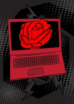 Cartoon Laptop, comic book Notebook with Red Rose. Retro vector comics pop .. Stock Illustration
