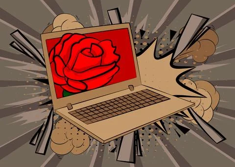Cartoon Laptop, comic book Notebook with Red Rose. Retro vector comics pop .. 스톡 일러스트