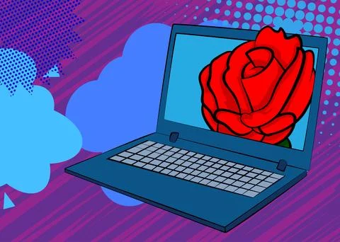 Cartoon Laptop, comic book Notebook with Red Rose. Retro vector comics pop .. 스톡 일러스트