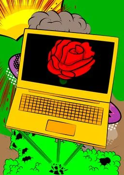 Cartoon Laptop, comic book Notebook with Red Rose. Retro vector comics pop .. Stock Illustration