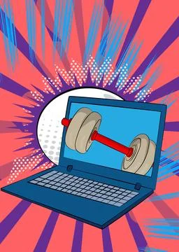 Cartoon Laptop, comic book Notebook with Dumbbell. Retro vector comics pop .. Stock-Illustration