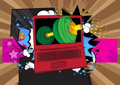 Cartoon Laptop, comic book Notebook with Dumbbell. Retro vector comics pop .. Stock Illustration