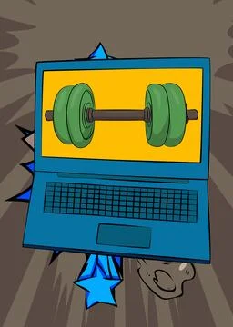 Cartoon Laptop, comic book Notebook with Dumbbell. Retro vector comics pop .. Stock-Illustration