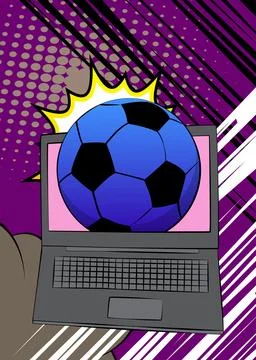 Cartoon Laptop, comic book Notebook with Soccer Ball. Retro vector comics p.. Stock-Illustration