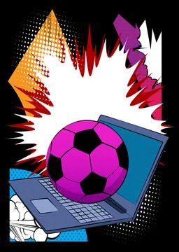 Cartoon Laptop, comic book Notebook with Soccer Ball. Retro vector comics p.. Stock-Illustration
