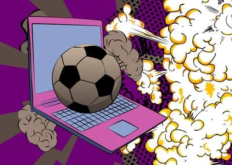 Cartoon Laptop, comic book Notebook with Soccer Ball. Retro vector comics p.. Stock Illustration