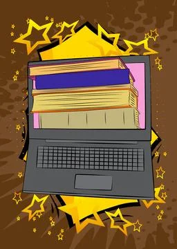 Cartoon Laptop, comic book Notebook with Book. Retro vector comics pop art .. Stock Illustration