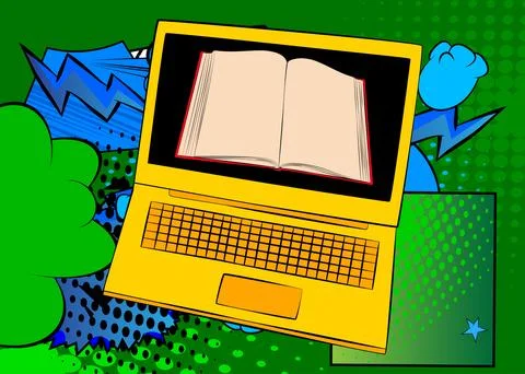 Cartoon Laptop, comic book Notebook with Book. Retro vector comics pop art .. Stock-Illustration