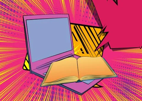 Cartoon Laptop, comic book Notebook with Book. Retro vector comics pop art .. Stock Illustration