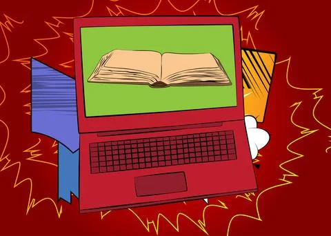 Cartoon Laptop, comic book Notebook with Book. Retro vector comics pop art .. Illustrazione stock