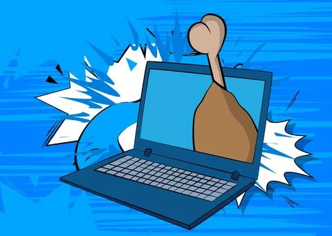 Cartoon Laptop, comic book Notebook with chicken drumstick and thigh. Retro.. Stock Illustration
