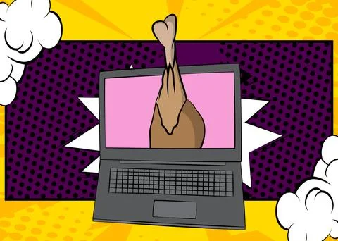 Cartoon Laptop, comic book Notebook with chicken drumstick and thigh. Retro.. Stock Illustration