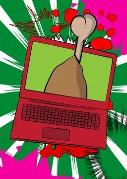 Cartoon Laptop, comic book Notebook with chicken drumstick and thigh. Retro.. Stock Illustration
