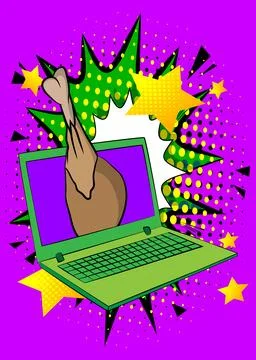 Cartoon Laptop, comic book Notebook with chicken drumstick and thigh. Retro.. Stock Illustration