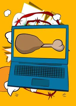 Cartoon Laptop, comic book Notebook with chicken drumstick and thigh. Retro.. Stock Illustration