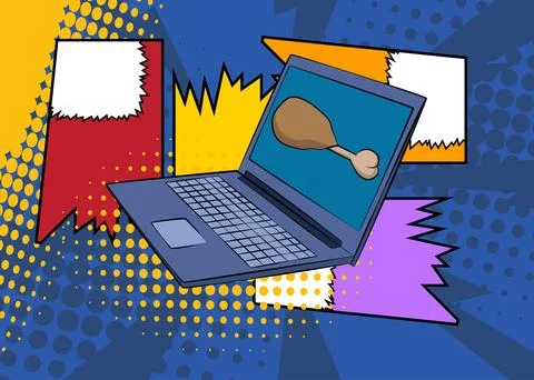 Cartoon Laptop, comic book Notebook with chicken drumstick and thigh. Retro.. Stock Illustration