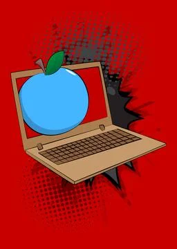 Cartoon Laptop, comic book Notebook with Apple. Retro vector comics pop art.. 스톡 일러스트