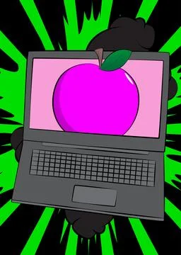 Cartoon Laptop, comic book Notebook with Apple. Retro vector comics pop art.. Stock Illustration