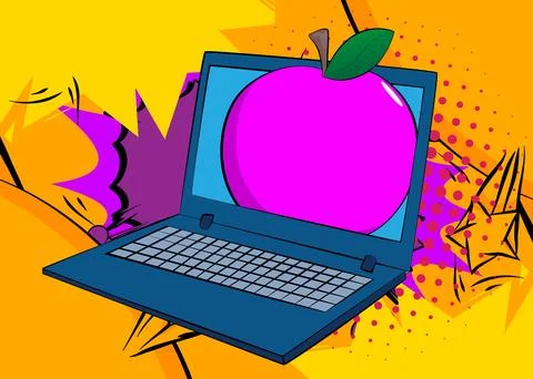 Cartoon Laptop, comic book Notebook with Apple. Retro vector comics pop art.. Stock Illustration