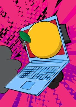 Cartoon Laptop, comic book Notebook with Apple. Retro vector comics pop art.. Stock Illustration
