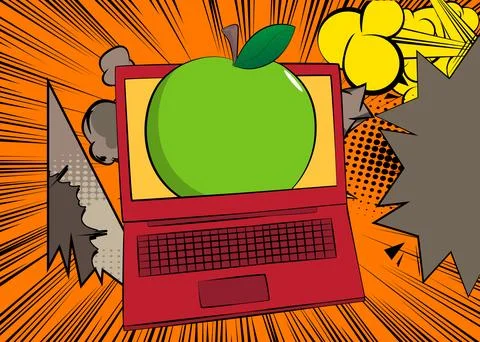 Cartoon Laptop, comic book Notebook with Apple. Retro vector comics pop art.. Stock Illustration