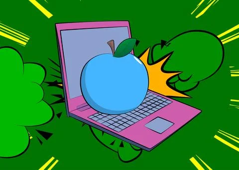 Cartoon Laptop, comic book Notebook with Apple. Retro vector comics pop art.. Stock Illustration