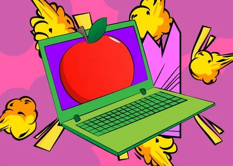 Cartoon Laptop, comic book Notebook with Apple. Retro vector comics pop art.. Stock Illustration
