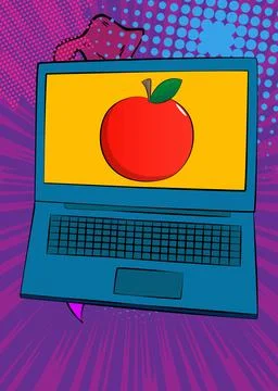 Cartoon Laptop, comic book Notebook with Apple. Retro vector comics pop art.. イラスト素材