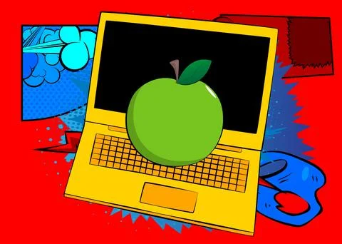 Cartoon Laptop, comic book Notebook with Apple. Retro vector comics pop art.. イラスト素材