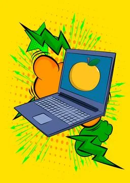 Cartoon Laptop, comic book Notebook with Apple. Retro vector comics pop art.. Stock Illustration