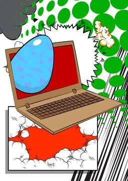Cartoon Laptop, comic book Notebook with Easter Egg. Retro vector comics po.. Stock-Illustration