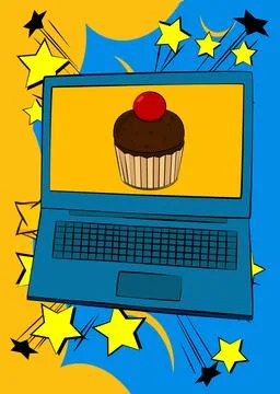 Cartoon Laptop, comic book Notebook with Cupcake. Retro vector comics pop a.. Illustrazione stock