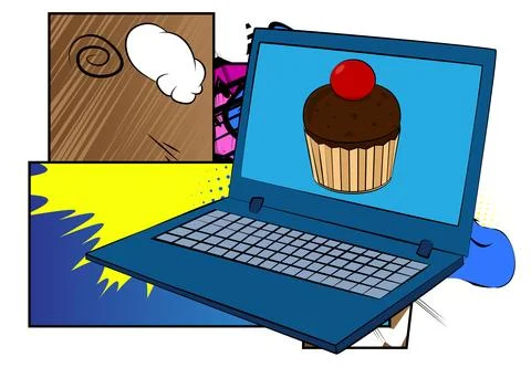 Cartoon Laptop, comic book Notebook with Cupcake. Retro vector comics pop a.. Illustrazione stock