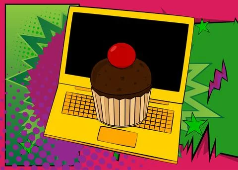 Cartoon Laptop, comic book Notebook with Cupcake. Retro vector comics pop a.. Stock Illustration