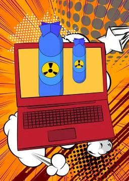 Cartoon Laptop, comic book Notebook with Missile bomb. Retro vector comics .. Stock Illustration