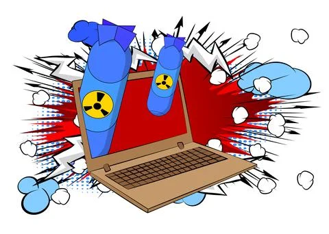 Cartoon Laptop, comic book Notebook with Missile bomb. Retro vector comics .. Stock Illustration