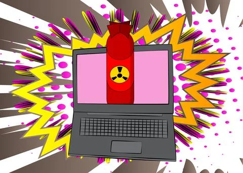 Cartoon Laptop, comic book Notebook with Missile bomb. Retro vector comics .. Stock Illustration