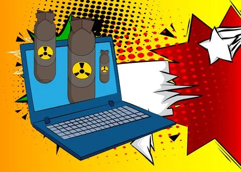 Cartoon Laptop, comic book Notebook with Missile bomb. Retro vector comics .. Stock Illustration