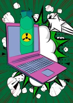 Cartoon Laptop, comic book Notebook with Missile bomb. Retro vector comics .. Stock Illustration