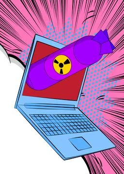 Cartoon Laptop, comic book Notebook with Missile bomb. Retro vector comics .. イラスト素材