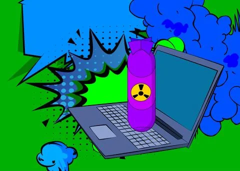 Cartoon Laptop, comic book Notebook with Missile bomb. Retro vector comics .. Stock Illustration