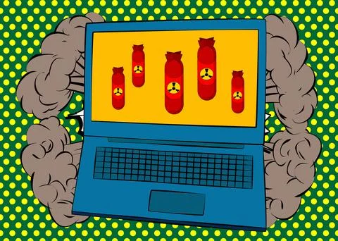 Cartoon Laptop, comic book Notebook with Missile bomb. Retro vector comics .. Stock Illustration