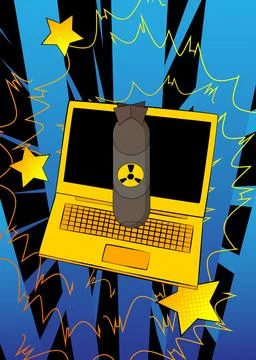 Cartoon Laptop, comic book Notebook with Missile bomb. Retro vector comics .. Stock Illustration