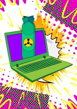 Cartoon Laptop, comic book Notebook with Missile bomb. Retro vector comics .. Stock Illustration