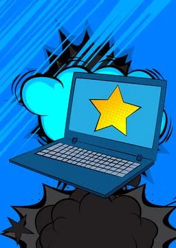 Cartoon Laptop, comic book Notebook with Star. Retro vector comics pop art .. 스톡 일러스트