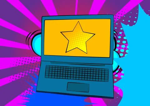 Cartoon Laptop, comic book Notebook with Star. Retro vector comics pop art .. Illustrazione stock