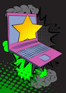 Cartoon Laptop, comic book Notebook with Star. Retro vector comics pop art .. Illustrazione stock