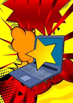 Cartoon Laptop, comic book Notebook with Star. Retro vector comics pop art .. Stock Illustration