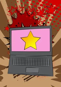 Cartoon Laptop, comic book Notebook with Star. Retro vector comics pop art .. 스톡 일러스트